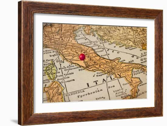 Italy Vintage 1920S Map (Printed In 1926 - Copyrights Expired) With A Red Pushpin On Rome-PixelsAway-Framed Art Print