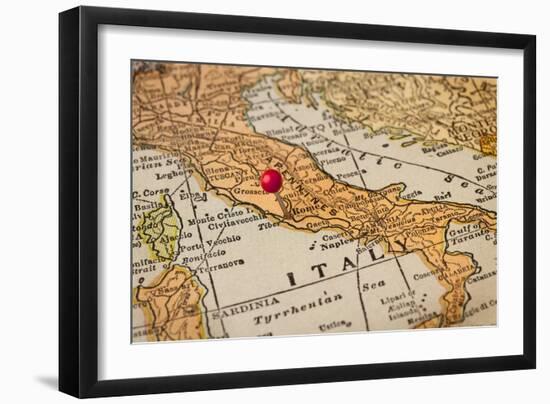 Italy Vintage 1920S Map (Printed In 1926 - Copyrights Expired) With A Red Pushpin On Rome-PixelsAway-Framed Art Print