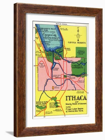 Ithaca, New York - Detailed Map Postcard of Ithaca and Nearby Points of Interest-Lantern Press-Framed Art Print