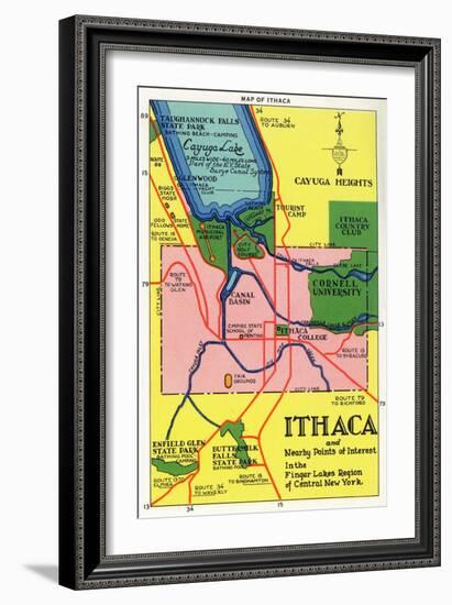 Ithaca, New York - Detailed Map Postcard of Ithaca and Nearby Points of Interest-Lantern Press-Framed Art Print