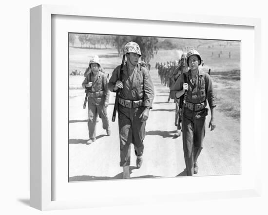 Iwo Jima Sands of Iwo Jima by AllanDwan with ohn Wayne and John Agar, 1949 (b/w photo)-null-Framed Photo