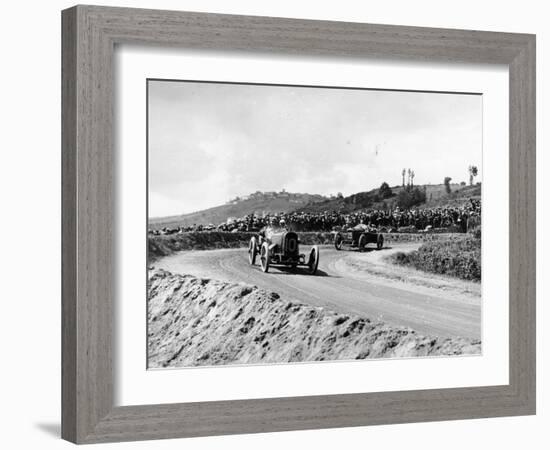 J Chassagne in the Sunbeam Leading Jules Goux in the Peugeot, French Grand Prix, Lyons, 1914-null-Framed Photographic Print