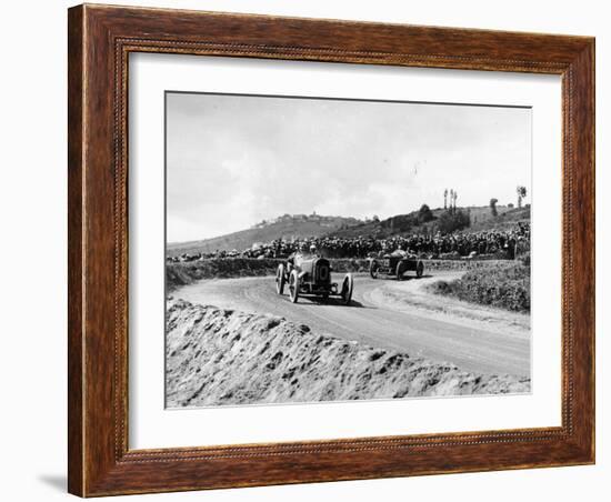 J Chassagne in the Sunbeam Leading Jules Goux in the Peugeot, French Grand Prix, Lyons, 1914-null-Framed Photographic Print