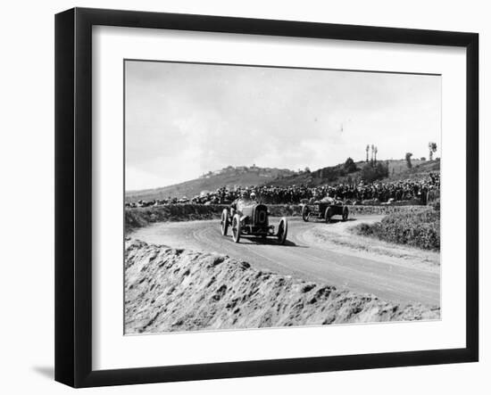 J Chassagne in the Sunbeam Leading Jules Goux in the Peugeot, French Grand Prix, Lyons, 1914-null-Framed Photographic Print