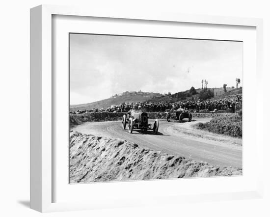 J Chassagne in the Sunbeam Leading Jules Goux in the Peugeot, French Grand Prix, Lyons, 1914-null-Framed Photographic Print