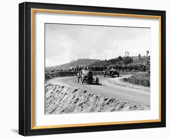 J Chassagne in the Sunbeam Leading Jules Goux in the Peugeot, French Grand Prix, Lyons, 1914-null-Framed Photographic Print