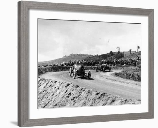 J Chassagne in the Sunbeam Leading Jules Goux in the Peugeot, French Grand Prix, Lyons, 1914-null-Framed Photographic Print