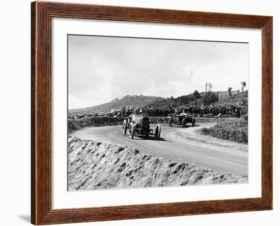 J Chassagne in the Sunbeam Leading Jules Goux in the Peugeot, French Grand Prix, Lyons, 1914-null-Framed Photographic Print