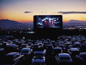 Charlton Heston as Moses in Motion Picture "The Ten Commandments" Shown at Drive in Movie Theater by J^ R^ Eyerman