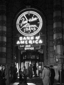 Customers Standing in Front of a Branch of Bank of America, Open from 10 to 10, Six Days a Week by J^ R^ Eyerman