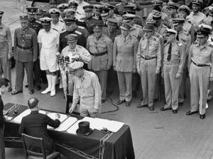 General MacArthur Watching Japanese Official Mamoru Shigemitsu Officially Surrender, USS Missouri by J^ R^ Eyerman