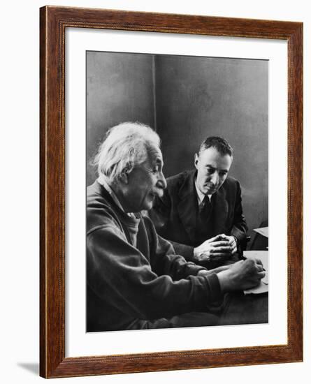 J. Robert Oppenheimer, Dir. of Institute of Advanced Study, Discussing with Dr. Albert Einstein-Alfred Eisenstaedt-Framed Premium Photographic Print