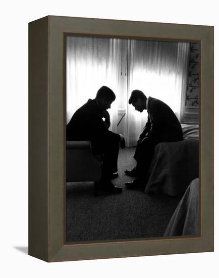 Jack Kennedy Conferring with His Brother and Campaign Organizer Bobby Kennedy in Hotel Suite-Hank Walker-Framed Premier Image Canvas