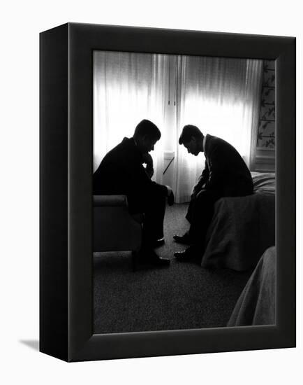 Jack Kennedy Conferring with His Brother and Campaign Organizer Bobby Kennedy in Hotel Suite-Hank Walker-Framed Premier Image Canvas