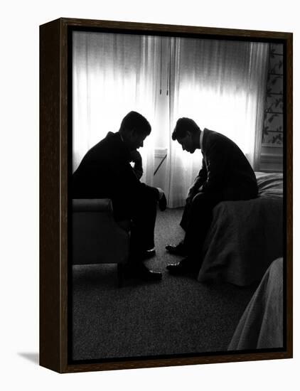 Jack Kennedy Conferring with His Brother and Campaign Organizer Bobby Kennedy in Hotel Suite-Hank Walker-Framed Premier Image Canvas