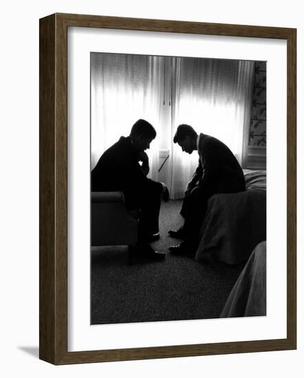 Jack Kennedy Conferring with His Brother and Campaign Organizer Bobby Kennedy in Hotel Suite-Hank Walker-Framed Premium Photographic Print