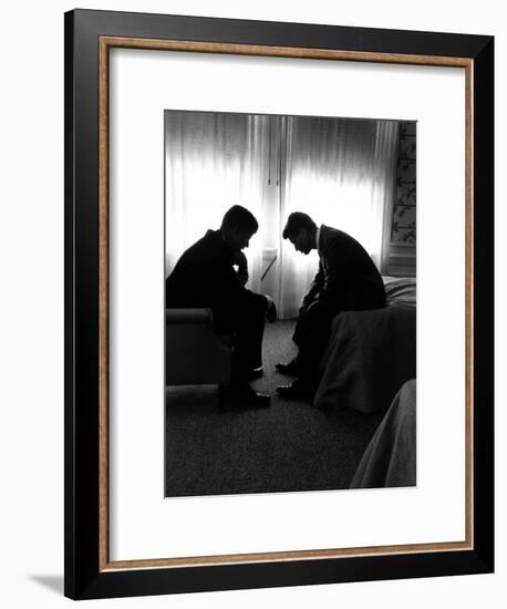 Jack Kennedy Conferring with His Brother and Campaign Organizer Bobby Kennedy in Hotel Suite-Hank Walker-Framed Premium Photographic Print