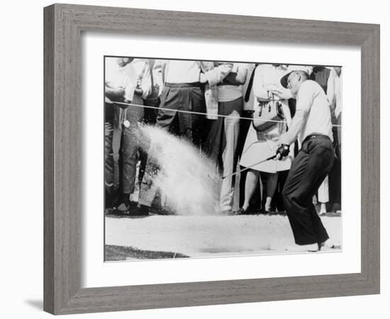 Jack Nicklaus Hitting Golf Ball Out of Sand Trap in 1965-null-Framed Photo