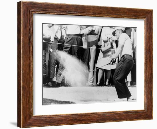 Jack Nicklaus Hitting Golf Ball Out of Sand Trap in 1965-null-Framed Photo