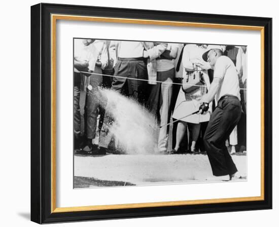 Jack Nicklaus Hitting Golf Ball Out of Sand Trap in 1965-null-Framed Photo