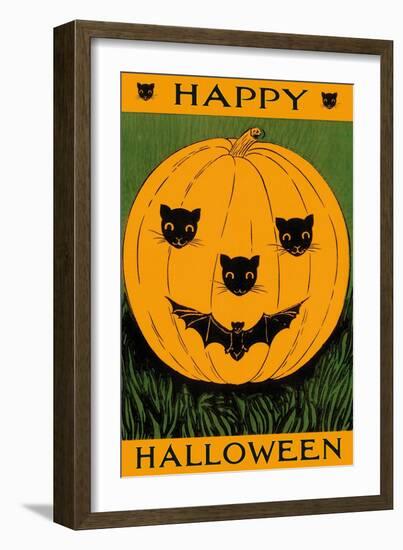 Jack O'Lantern with Cats and Bat-null-Framed Art Print