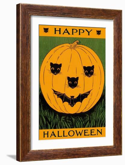 Jack O'Lantern with Cats and Bat-null-Framed Art Print