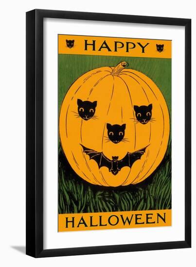 Jack O'Lantern with Cats and Bat-null-Framed Art Print