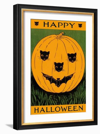 Jack O'Lantern with Cats and Bat-null-Framed Art Print