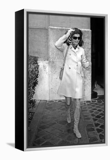 Jackie Kennedy Onassis (Nina Ricci Sunglasses, Gucci Bag) Leaving Crillon Hotel, Paris, 1970-null-Framed Stretched Canvas