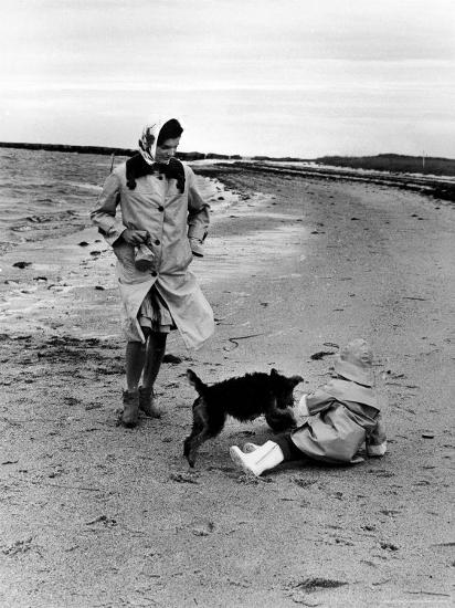 'Jackie Kennedy, Wife of Sen, Walking Along Beach with Her Slicker Clad ...