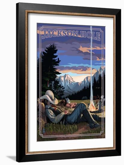 Jackson Hole, Wyoming - Cowboy Camping Night Scene-Lantern Press-Framed Art Print