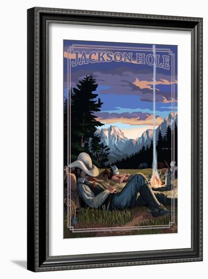 Jackson Hole, Wyoming - Cowboy Camping Night Scene-Lantern Press-Framed Art Print