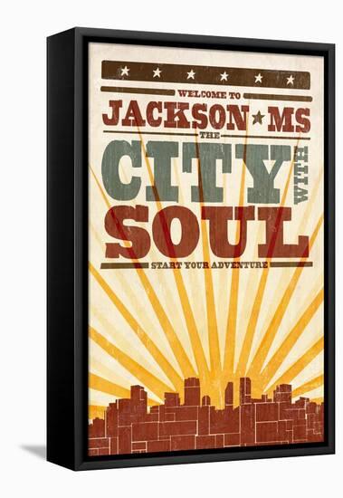 Jackson, Mississippi - Skyline and Sunburst Screenprint Style-Lantern Press-Framed Stretched Canvas