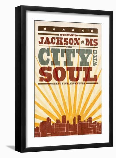 Jackson, Mississippi - Skyline and Sunburst Screenprint Style-Lantern Press-Framed Art Print