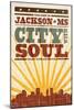 Jackson, Mississippi - Skyline and Sunburst Screenprint Style-Lantern Press-Mounted Art Print