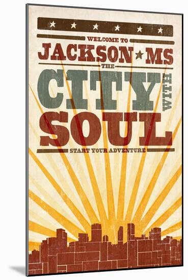 Jackson, Mississippi - Skyline and Sunburst Screenprint Style-Lantern Press-Mounted Art Print