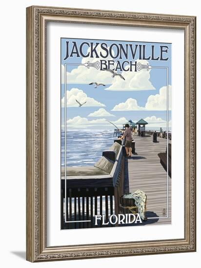 Jacksonville Beach, Florida - Fishing Pier Scene-Lantern Press-Framed Art Print