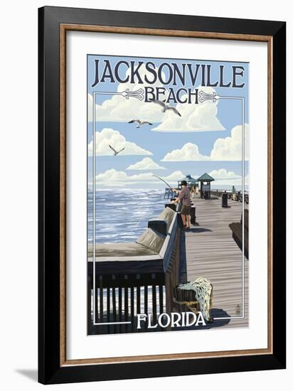 Jacksonville Beach, Florida - Fishing Pier Scene-Lantern Press-Framed Art Print