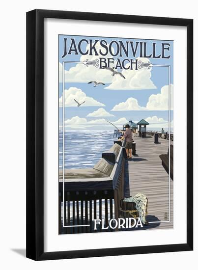 Jacksonville Beach, Florida - Fishing Pier Scene-Lantern Press-Framed Art Print