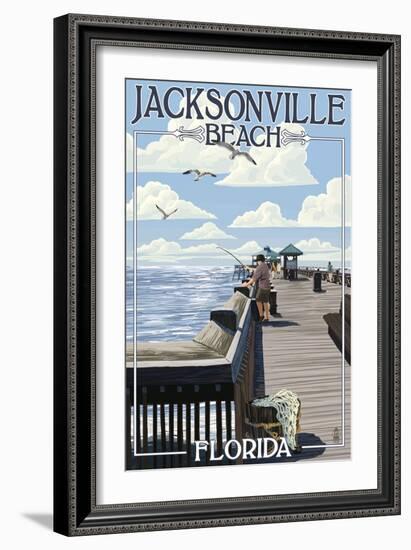 Jacksonville Beach, Florida - Fishing Pier Scene-Lantern Press-Framed Art Print