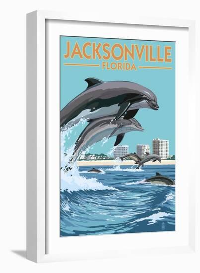 Jacksonville Beach, Florida - Jumping Dolphins-Lantern Press-Framed Premium Giclee Print