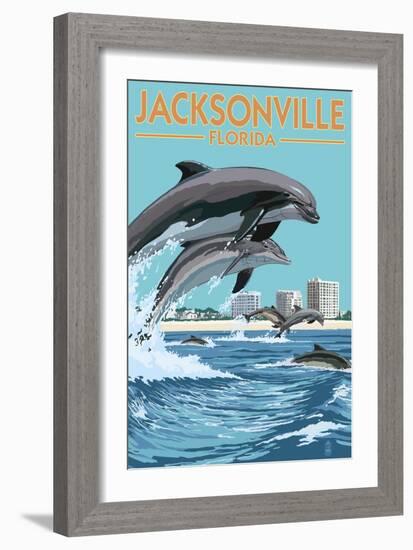 Jacksonville Beach, Florida - Jumping Dolphins-Lantern Press-Framed Art Print