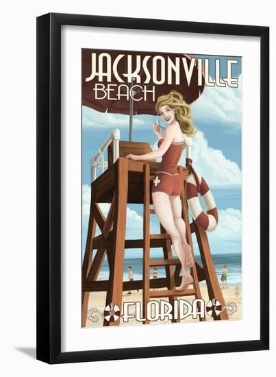 Jacksonville Beach, Florida - Lifeguard Pinup Girl-Lantern Press-Framed Art Print