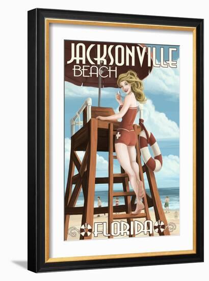 Jacksonville Beach, Florida - Lifeguard Pinup Girl-Lantern Press-Framed Art Print