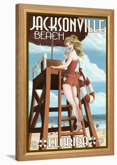 Jacksonville Beach, Florida - Lifeguard Pinup Girl-Lantern Press-Framed Stretched Canvas