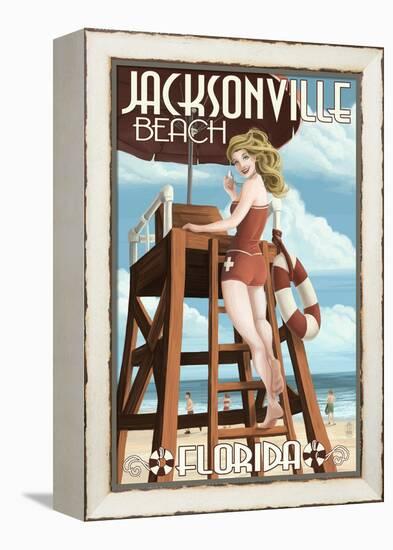 Jacksonville Beach, Florida - Lifeguard Pinup Girl-Lantern Press-Framed Stretched Canvas