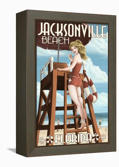 Jacksonville Beach, Florida - Lifeguard Pinup Girl-Lantern Press-Framed Stretched Canvas