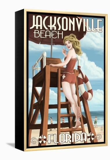 Jacksonville Beach, Florida - Lifeguard Pinup Girl-Lantern Press-Framed Stretched Canvas