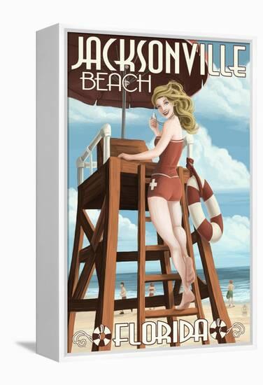 Jacksonville Beach, Florida - Lifeguard Pinup Girl-Lantern Press-Framed Stretched Canvas