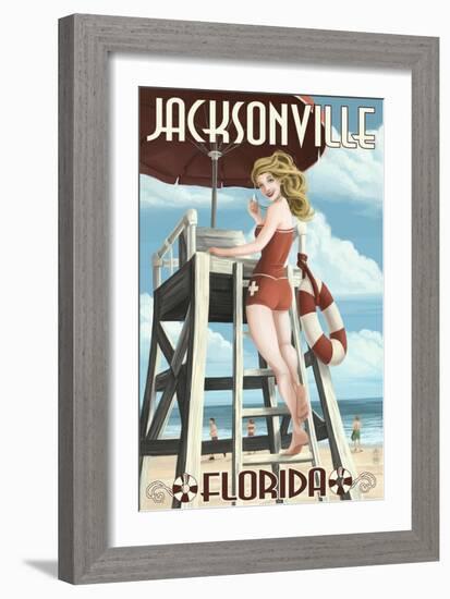 Jacksonville Beach, Florida - Lifeguard Pinup Girl-Lantern Press-Framed Art Print